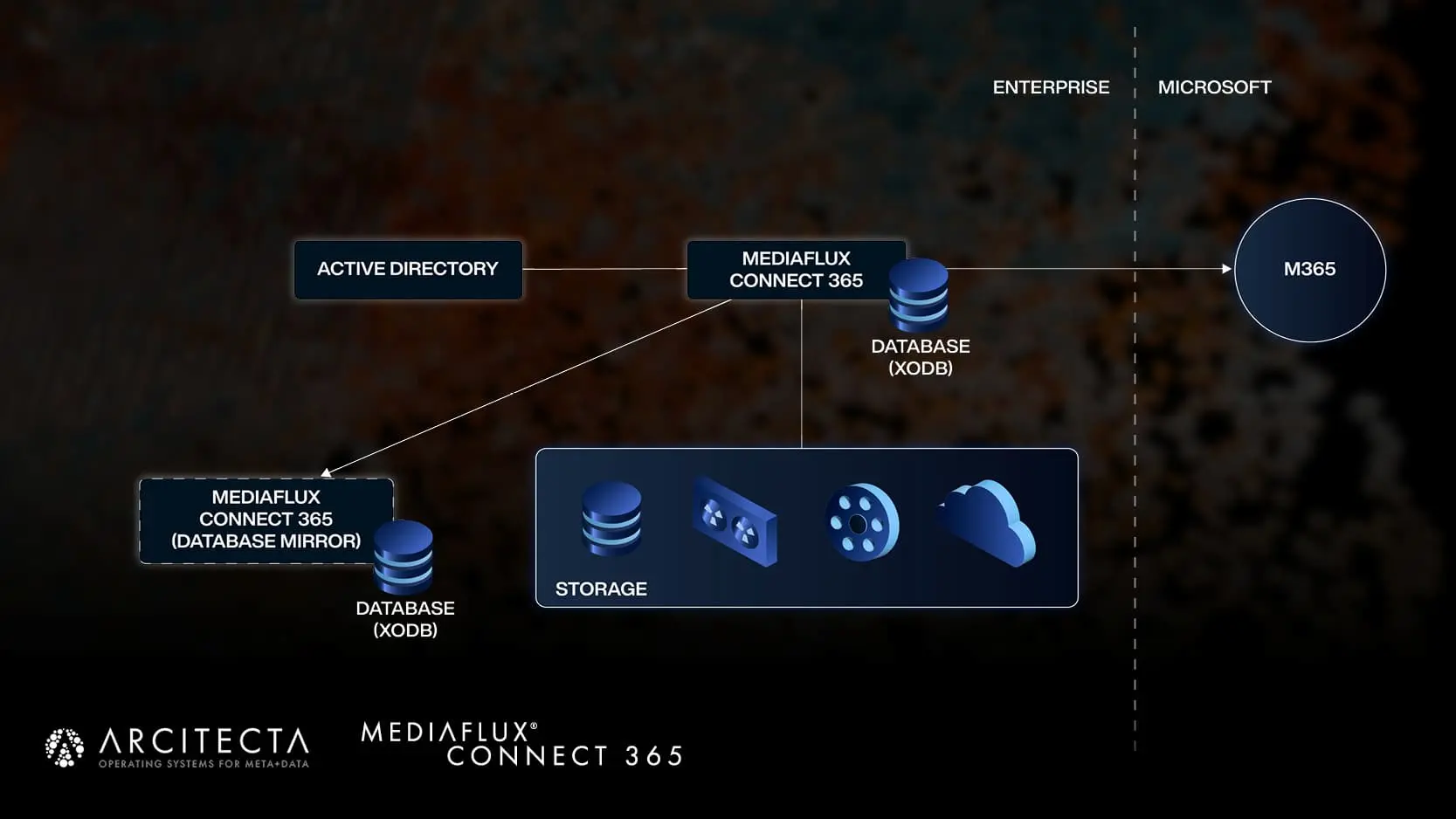 A technical diagram illustrating a possible architecture solution enabled by Mediaflux Connect 365. Mediaflux Connect 365 sits in the middle of the diagram, providing a unified view of various storage locations – object storage, tape, cloud, and M365. Active Directory is shown to integrate with Mediaflux Connect 365 to manage user authentication and access to the system. The diagram also shows that Mediaflux Connect 365 supports database mirroring.